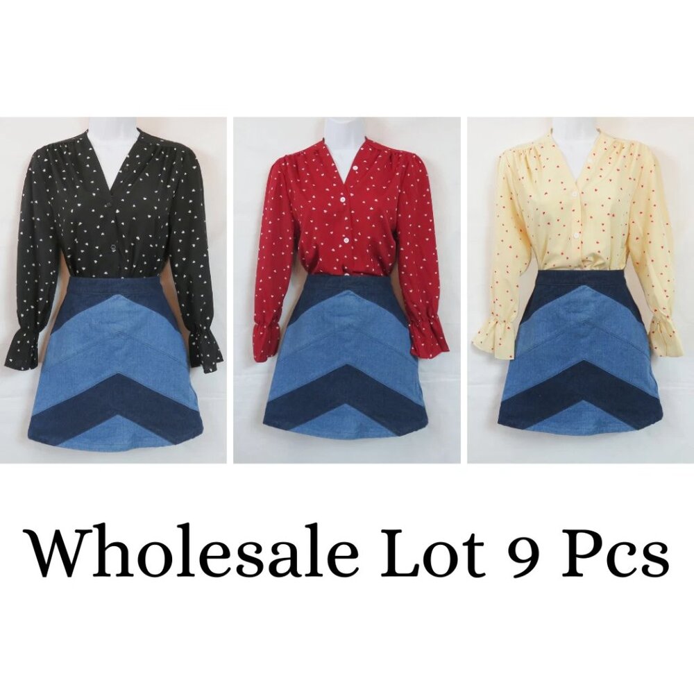 Reseller Lot - 9 Button Up Blouses - Heart Print 3 Colors Size S Wholesale Pack